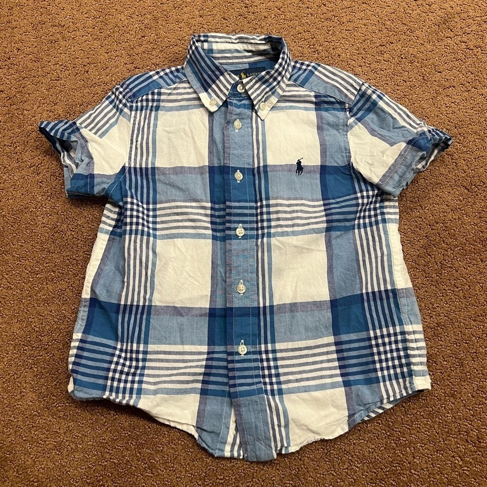 Ralph Lauren Boys Blue & White Plaid Collared Button Down Shirt Size 4/4T